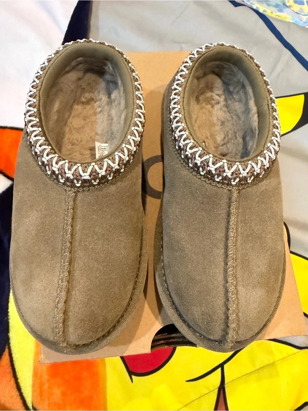 UGG Kids Tan Suede Slip-On Fleece-Lined Slippers in box